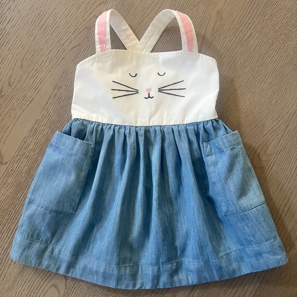 Hanna Andersson 2T Girls Sun Dress Easter Bunny Cotton Chambray White 85 cm EUC